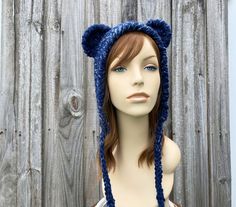 Crochet Hat Style: Bear Ear Bonnet - a chunky crochet bonnet style hat with bear ears, for women, men and teens. Color: This sample hat is shown in River Run, a mix of blues and cream. Sizes: One size fits average teen or adult head size of 20" to 23" (50.5 cm to 58 cm). Fiber Content: 80% acrylic, 20% wool Characteristics: Chunky, very soft, warm and cozy.  Care Instructions: Hand wash, dry flat.  Every item from Pixiebell is handmade and knit or crocheted to order, unless otherwise stated in t Bear Ear Hat, Winter Hat Crochet, Chunky Crochet Hat, Crochet Bonnet, Bonnet Au Crochet, Mens Hat, Bonnet Crochet, Handmade Knitwear, Womens Hat