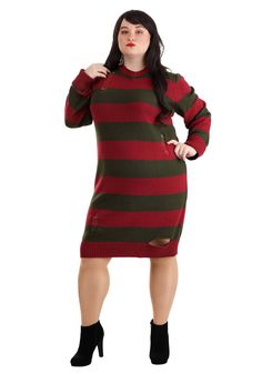 PRICES MAY VARY. Acrylic,Cotton Embrace Your Dark Side with Our Freddy Krueger Plus Size Costume Dress! If you're a fan of the iconic horror franchise "A Nightmare on Elm Street," then our officially licensed Freddy Krueger Costume Dress is your ticket to transform into the menacing dream stalker himself. This dress is designed to capture the essence of Freddy Krueger, the nightmare-fueled villain who haunts the dreams of his victims. It's perfect for fans of the classic horror series. The pullo Female Freddie Kruger Costume, Sims 4 Cc Freddy Krueger, Fem Freddy Krueger, Horror Movie Cosplay, Freddy Krueger Costume Women, Girl Freddy Krueger, Freddy Krueger Sweater, Freddy Krueger Costume, Horror Movie Costumes