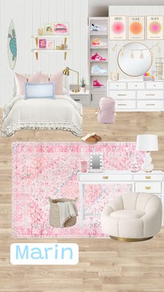 a bedroom with white furniture and pink rugs on the floor, along with other items