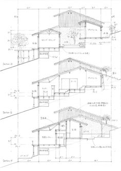 three drawings of the front and back sections of a house, with different angles on each side