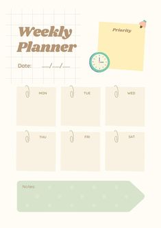 a printable weekly planner is shown with a clock and notepad on top of it