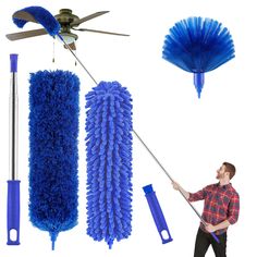 a man holding a blue brush next to three different types of cleaning products and tools