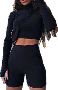 Black High-waist Crop Top For Night Out, High Waist Stretch Black Crop Top, Black High Stretch Crop Top For Club, Solid Stretch Crop Top For Club, Trendy Black Crop Top For Yoga, Women Sportswear, Crop Top And Shorts, Sleeve Women, Sportswear Women