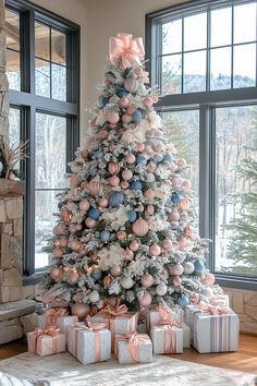 blue pink white christmas tree pink and blue ornaments decor Christmas Tree With Pink Ornaments, Tree With Pink Ornaments, Crismas Tree, Pink Christmas Tree Decorations, Pink Decorations, Blue Christmas Tree Decorations, Pastel Christmas Decor, Pink Ornaments, Christmas Tree Inspo