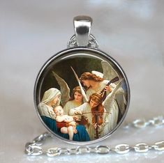 "Song of the Angels pendant (Listing 144) A beautiful work of art by William-Adolphe Bouguereau, lovely for the Christmas season or any time of year. At checkout you can choose between pendant only, pendant with chain, or key chain with swivel hook. Matching cross-link chains are available in 5 lengths (18\", 21\", 24\", 27\" and 30\"). Our artwork and maps are printed using archival inks and papers and protected with a crystal clear glass dome which beautifully enhances the image below. Our han Christian Stocking Stuffers, Necklace Quotes, Sister Jewelry, Angel Necklace, Holy Rosary, Angel Pendant, Dragon Jewelry, Baby Jesus, Religious Jewelry