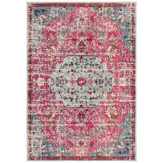 a pink and blue rug with an ornate design