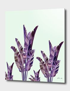 an abstract painting of purple plants against a light green background