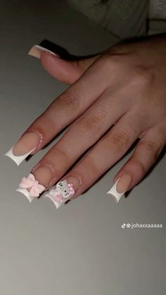 White Nails With Bow, French Tips With Charms, Hk Nails, Short French Tips, Short French, Cow Nails, Dope Nail Designs