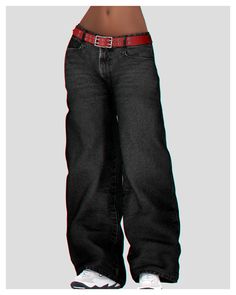 an image of a person wearing black jeans and red belted pants with white shoes