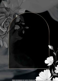 a black and white floral background with an arch for the text on the right side