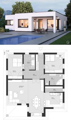 the floor plan for a modern house with two levels and an open living room area