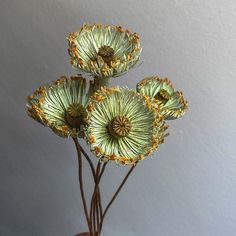 three green flowers are in a vase on a table with white wall behind them and yellow bead trim around the stems