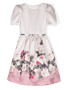 light pink multicolour satin finish twill weave round neck short puff sleeves detachable waist belt bow detailing pintuck detailing floral print at the skirt full lining rear zip fastening Satin Dress Pink, Belt Bow, Printed Satin Dress, Dress With Jean Jacket, Dolce And Gabbana Kids, Twill Weave, Cotton Viscose, Girls Party, Stella Mccartney Kids