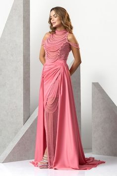 Pink sheer gown with monochrome pearl embroidery and detachable satin trail. - Aza Fashions Pearl Embroidery, Sheer Gown, Pink Sheer, Pink Gowns, High Neck Sleeveless, Ladies Gown, Gowns Online, Pink Sequin, Pink Pearl