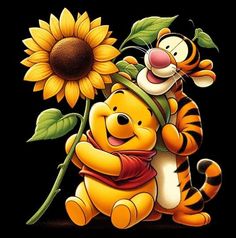 winnie the pooh and tigger holding a sunflower on a black background,