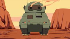 an animated image of a robot standing in the desert with mountains and rocks behind it