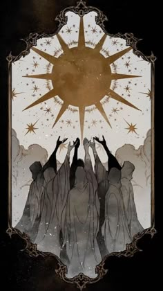 three people reaching up to the sky with their hands in front of them, surrounded by stars