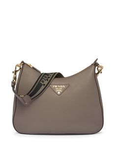 clay grey calf leather grained texture triangle logo gold-tone logo lettering detachable shoulder strap top zip fastening main compartment Tape Shoulder, Prada Purses, Metal Lettering, Expensive Bag, Luxury Bags Collection, Prada Shoulder Bag, Womens Designer Handbags, Lettering Logo, Prada Leather