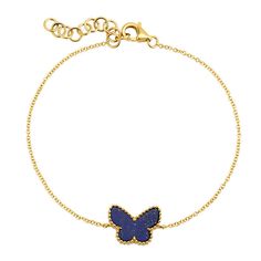 This 14K Gold Gemstone Butterfly Bracelet is delicately crafted with a milgrain outline and available in five stunning gemstone options: mother of pearl, onyx, lapis, malachite, and turquoise. Elevate any outfit with this elegant and timeless piece. Item Information: Metal: 14k Gold Weight: 1.75g Dimensions: 12.5x9.5mm Approx. Carat Weight: 0.80 Luxury Natural Stones Bracelets, Elegant Lapis Lazuli Bracelets For Gifts, Elegant Lapis Lazuli Gemstone Bracelets, Luxury Lapis Lazuli Jewelry With Natural Stones, Elegant Gold Bracelets With Butterfly Clasp, Elegant Gold Bracelet With Butterfly Clasp, Elegant Butterfly Gemstone Necklace, Elegant Butterfly-shaped Gemstone Jewelry, Gold Butterfly-shaped Crystal Jewelry