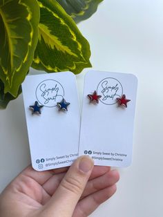 two small red, white and blue stars are held in front of a green plant