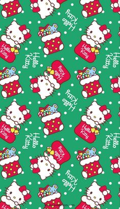 hello kitty christmas stocking pattern on green background