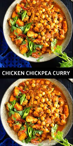 two bowls filled with chicken and chickpea curry