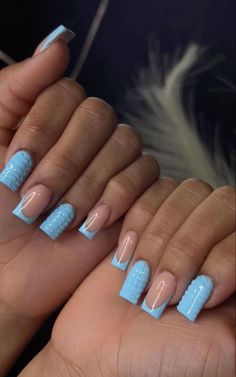 French Tip Nails With Some Solid, Nail Designs On Blue Nails, Nail Art On Blue Nails, Short Square Acrylic Nails Designs Blue, Blue Nail Tips French, Short Blue Acrylic Nails Designs, Blue Tips Nails Acrylic, Fun Colored Nails, Blue Nail Art Short Nails