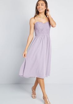 This lavender cocktail dress from our ModCloth namesake label is sure to impress at just about every event penciled into your calendar. Though the adjustable spaghetti straps of this lovely A-line are optional, its non-slip bust strip behind the sweetheart neckline, supportive padding, crocheted lace bodice, and chiffon, pocketed skirt are permanent fixtures in such a stunning look.Self and Lining: 100% Polyester. Trim Fabric: 100% Cotton.Hand wash.Side pockets. Fully lined. Back zipper with hook and eye closure. Non-slip bust strip. Bust cups. Boning at bust, sides, and back. ImportedModel is wearing size:4 18 Fabric does not provide stretch. Removable straps are adjustable. 4=45 inches Length 16=47.5 inches Length Lavender Cocktail Dress, Lavender Cocktail, Form Fitting Clothes, Plus Size Vintage Dresses, Dress Lavender, Crocheted Lace, 1940s Dresses, Lace Bodice, Skirts With Pockets