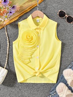 Tween Girl's 3D Big Flower Yellow Sleeveless Commuter Ladylike Blouse Yellow Casual  Sleeveless Fabric Plain Shirt Non-Stretch  Tween Girls Clothing, size features are:Bust: ,Length: ,Sleeve Length: Cute Spring Sleeveless Vest, Cute Sleeveless Summer Blouse, Cute Yellow Sleeveless Top, Flower Yellow, Girls Blouse, Plain Shirts, Big Flowers, Kids Beachwear, Girl Top