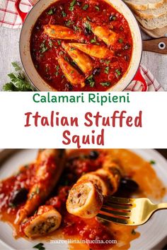 two pictures with different types of food in them and the words, italian stuffed squid