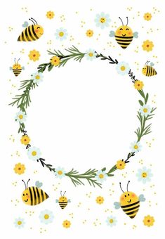 bees and flowers are arranged in the shape of a circle