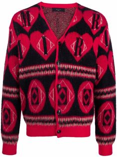 red/black mohair-alpaca wool blend heart motif intarsia-knit logo knitted construction V-neck front button fastening drop shoulder long sleeves ribbed cuffs ribbed hem Amiri Logo, Logo Heart, Suit Covers, Logo Knit, Heart Motif, Mohair Cardigan, Heart Logo, V Neck Cardigan, Alpaca Wool