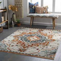 a living room area with a rug, couch and window sill in the background