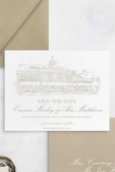 wedding save the date cards and envelopes are shown with an image of a train on it