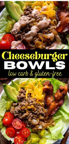 cheeseburger bowls with bacon, lettuce and tomatoes