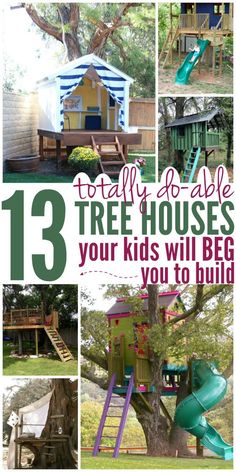 Great summer diy project - build a tree house for the kids! Here are 13 totally do-able tree houses your kids will beg you to build! Build A Tree House, Simple Tree House, Indoor Playhouse, Tree House Plans, Tree Fort, Summer Diy Projects