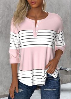 Color:Light Pink;Size:S;Size:M;Size:L;Size:XL;Size:XXL;Package Contents:1 X T Shirt;Occasion:Other;Style:Casual; Pink 3/4 Sleeve Top For Work, Spring Striped Blouse With 3/4 Sleeves, Fall Striped Tops With 3/4 Sleeves, Tomboyish Outfits, Pink Vertical Striped Button-up Top, Round Neck Blouse, Pink Relaxed Fit Top With 3/4 Sleeves, Colorful Blouses, Boutique Style Outfits