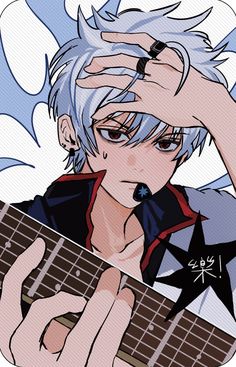 an anime character holding a guitar with his hand over his face and looking at the camera