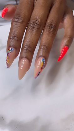 𝑫𝒐𝒎𝒊𝒏𝒊𝒒𝒖𝒆 / 𝑩’𝒉𝒂𝒎 𝒏𝒂𝒊𝒍𝒕𝒆𝒄𝒉 | Sauce on the Side! #nailsofinstagram #almondnails #longnaildesigns #yellownails #neonnails #orangenails #abstractnailsit #naildesigns… | Instagram Nail Design With French Tip, September Nails Almond, Red Nails Dark Skin, Stiletto Nail Art Fall, Island Nails Designs, Simple Almond Nails Designs, Birthday Nails Almond Shape, Blue Acrylic Nails Designs, Different Design On Each Nail