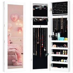 two open closets with jewelry hanging from the doors and on the shelves in front of them