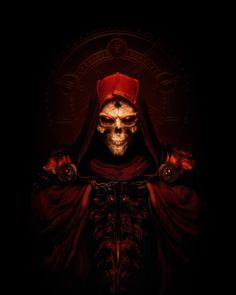 a skull wearing a red hat and cloak with flames on it's face in the dark