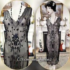 Vintage Downton Abbey Great Gatsby black beaded sheer mesh dress 1920s flapper size UK 10 12 US 6 8 Description... Step into the enchantment of the Roaring Twenties with this sheer and sultry flapper-inspired dress. Adorned with a captivating array of sequins and beads, the delicate mesh fabric adds an air of mystique to the ensemble. The intricate embellishments shimmer through the sheer layers, creating a mesmerizing effect that captures the essence of the Great Gatsby era. The dress combines 1920s Black Flapper Dress For Wedding, 1920s Style Black Flapper Dress For Wedding, Black Art Deco Flapper Dress For Night Out, Black Art Deco Wedding Dress, Black Flapper Dress For Wedding, Black Art Deco Embellished Dress, Glamorous Black Flapper Dress For Wedding, Black Art Deco Flapper Dress For Evening, Black Art Deco Summer Dresses