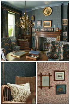 the interior of a living room is decorated in blue and gold colors with pictures on the wall