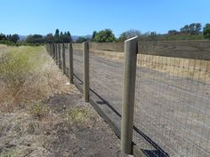 the fence is made of metal wire and has wood posts on each side, along with dry grass