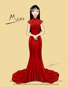 a drawing of a woman in a red dress with her hands on her hips and the words mulan