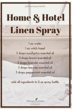 an advertisement for the home and hotel linen spray with a woman laying in her bed