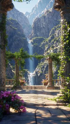 an outdoor area with mountains and flowers in the foreground, surrounded by greenery