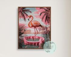 a pink flamingo standing in the water with palm trees behind it and a white wall