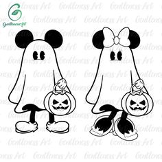 mickey and minnie mouse with pumpkins in their hands, one is wearing a ghost costume