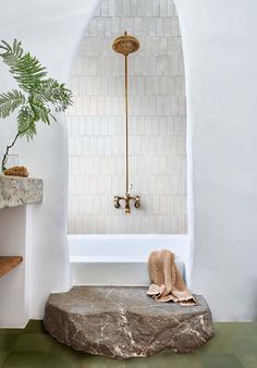 a bath room with a stone bench and a potted plant